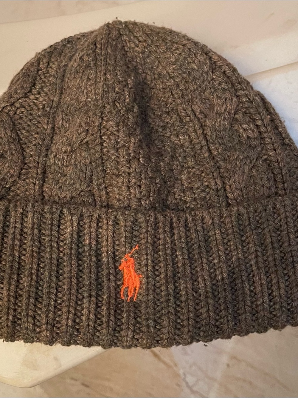 Polo by Ralph Lauren Gray- Brown Knit Beanie with Orange Pony